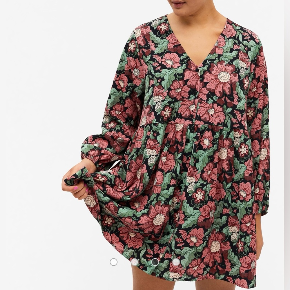 ASOS Monki Torborg Red Green Floral Ruched Button Down Oversized Mini Dress, S